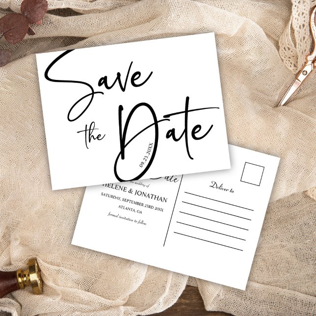 Cartão Postal Casamento Mínimo Elegante, Negro E Branco (Elegant Black And White Modern Minimalist Wedding Postcard)