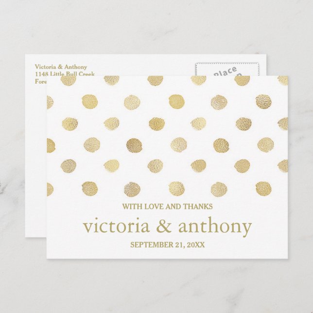 Cartão Postal Casamento Moderno Branco e Dourado com Bolinhas Ag (Frente/Verso)