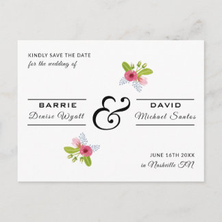 Cartão Postal Casamento Moderno Elegante Rosa Floral Salve a Dat