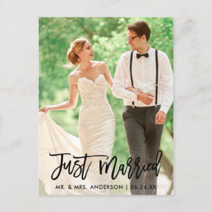 Cartão Postal Casamento Moderno Foto Recém-Casados Letra Pincel