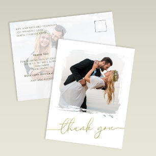 Cartão Postal Casamento Moderno Obrigado Script Foto Dourado Pin