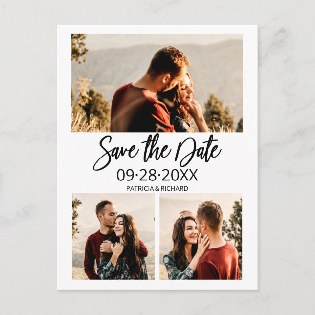 Cartão Postal Casamento Moderno Salve O Dia 3 Colagem de Fotos (Frente)