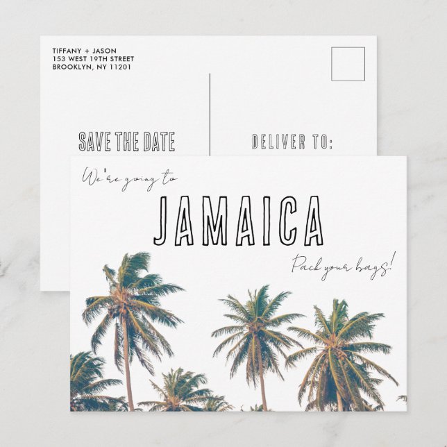 Cartão Postal Casamento na Praia de Destino Jamaica Salve a Data (Frente/Verso)