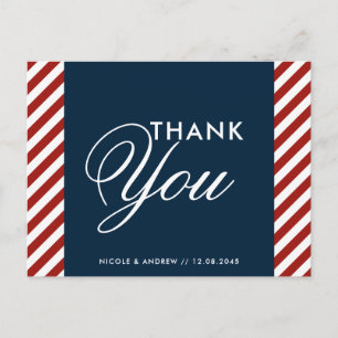 Cartão Postal Casamento Náutico Azul e Vermelho Obrigado Cartã
