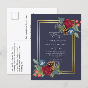 Cartão Postal casamento no inverno Borgonha Azul Azul Moderno