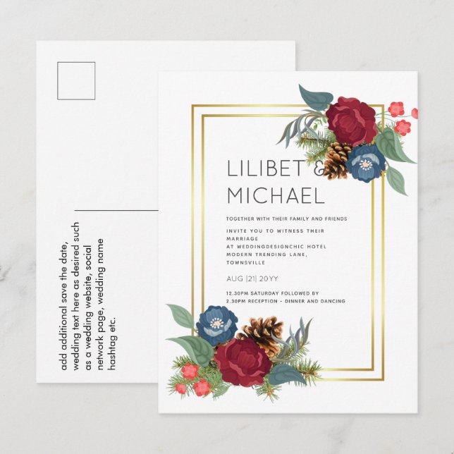 Cartão Postal Casamento no inverno Borgonha Azul Azul Moderno (Frente/Verso)