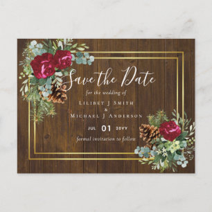 Cartão Postal Casamento no inverno Burgundy Rosas Eucalyptus