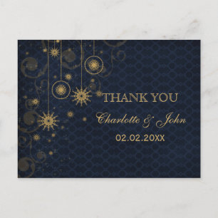 Cartão Postal casamento no inverno de flocos de neve de ouro azu