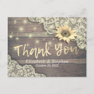 Cartão Postal Casamento Obrigado Lace Girassol Rústica Leve
