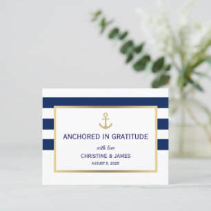 Cartão Postal Casamento Obrigado Listras Brancas Azul Marinho Ná