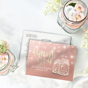 Cartão Postal Casamento Obrigado Mason Jar String Light Rosa Dou