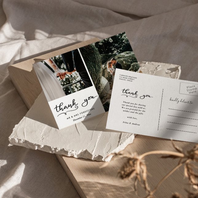Cartão Postal Casamento Obrigado Script Casual | Duas Fotografia (Criador carregado)
