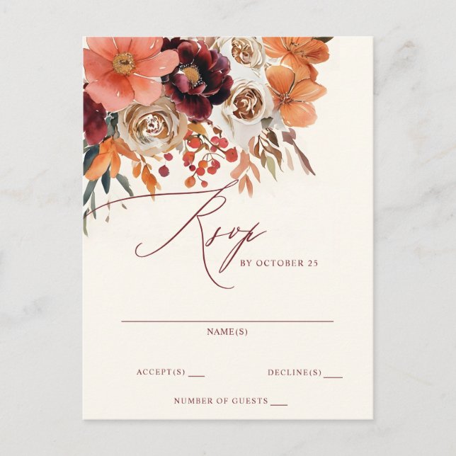Cartão Postal Casamento outono Floral Laranja Burgundy RSVP (Frente)