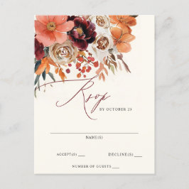 Cartão Postal Casamento outono Floral Laranja Burgundy RSVP