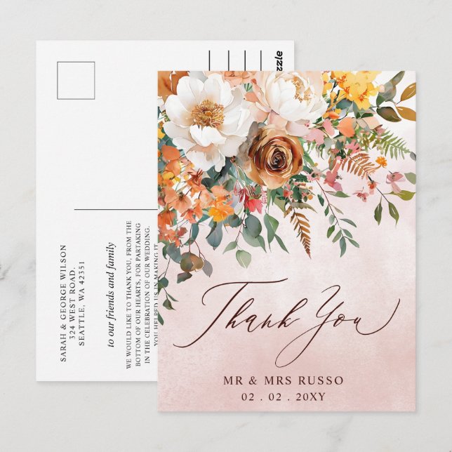 Cartão Postal Casamento outono Floral Rustic Orange Obrigado (Frente/Verso)