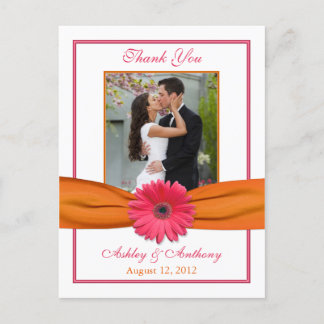 Cartão Postal Casamento Pink Gerber Daisy Orange Ribbon Obrigado