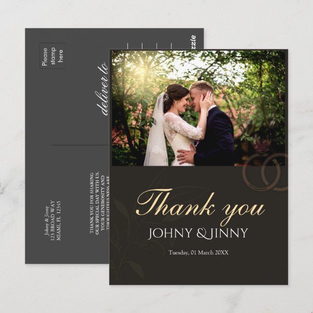 Cartão Postal Casamento preto com foto moderna personalizável  (Frente/Verso)