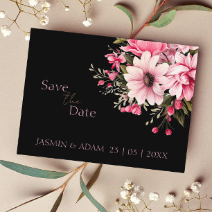 Cartão Postal Casamento Preto-Rosa Escuro Floral Salva a Data
