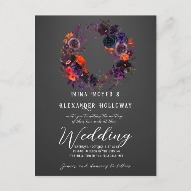 Cartão Postal Casamento QRC Foto Floral Gótica Escuro Elegante (Frente)