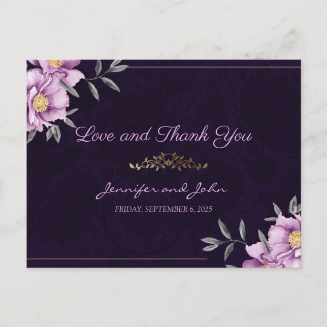 Cartão Postal Casamento Romântico de Púrpura de Aquarela Românti (Frente)