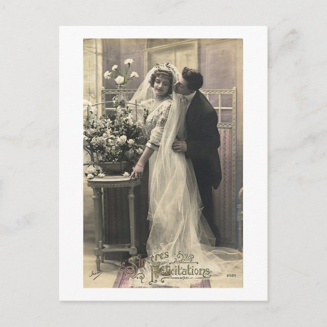 Cartão Postal Casamento Romântico Vintage Francês (Frente)