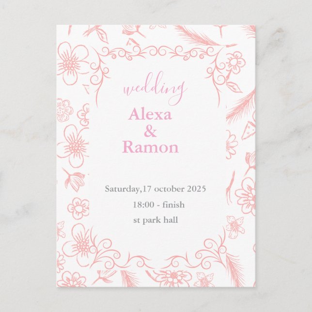 Cartão Postal casamento rosa (Frente)