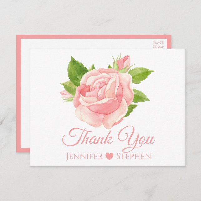 Cartão Postal Casamento Rosa Rosa Cor-de-Água Floral Obrigado (Frente/Verso)