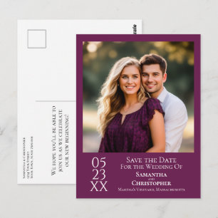 Cartão Postal Casamento Roxo Simples Magenta Salve a Foto da Dat