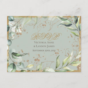 Cartão Postal Casamento RSVP de Caligrafia Dourada Rustic Greene