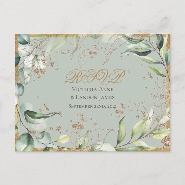 Cartão Postal Casamento RSVP de Caligrafia Dourada Rustic Greene (Frente)