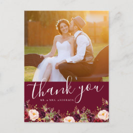 Cartão Postal Casamento Russo De Foto Floral Burgundy Obrigado