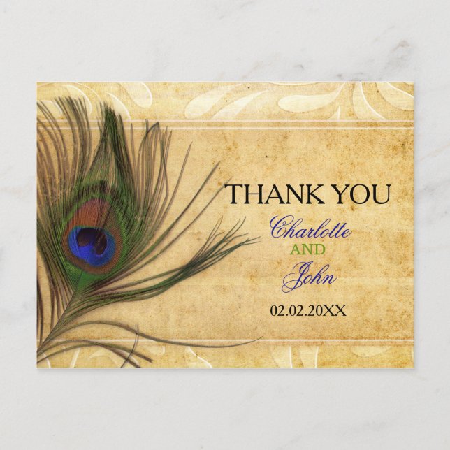 Cartão Postal Casamento Russo Peacock Feather Obrigado (Frente)
