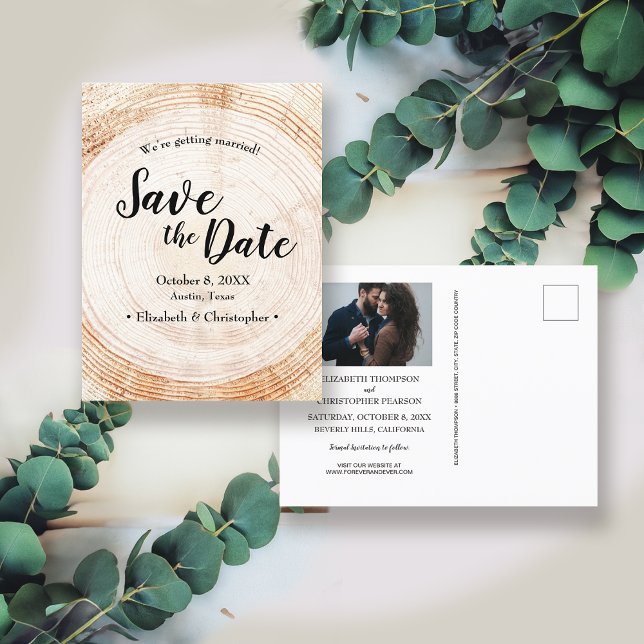 Cartão Postal Casamento Russo Salve a foto de Wood Grain (Rustic wedding tree bark background Save the Date Wedding engagement announcement postcard.)