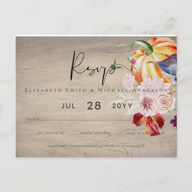 Cartão Postal Casamento Rustic Autumn Fall Pumpkins Flowers (Frente)