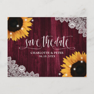 Cartão Postal Casamento Rustic Burgundy Sunflower Salvar Data