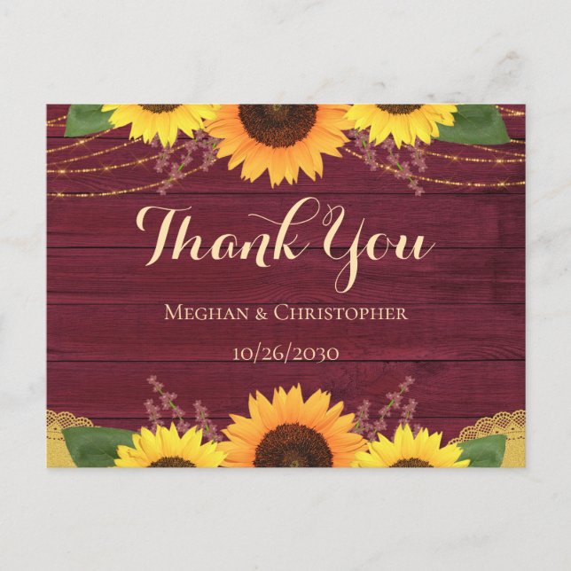 Cartão Postal Casamento Rustic Burgundy Wood Sunflower Obrigado (Frente)