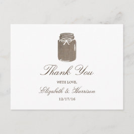Cartão Postal Casamento Rustic Burlap Mason Jar Obrigado