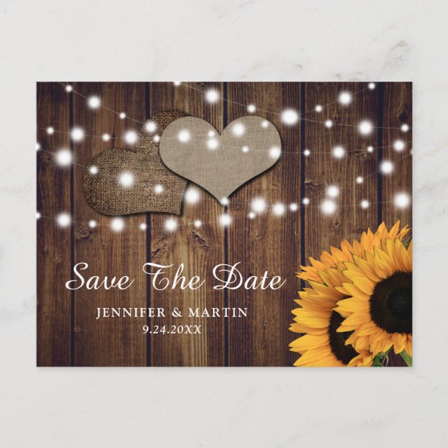 Cartão Postal Casamento Rustic Country Sunflower Save The Date (Frente)