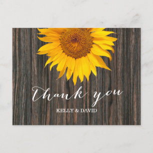 Cartão Postal Casamento Rustic Dark Wood & Sunflower Obrigado