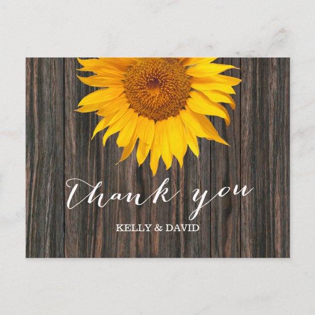Cartão Postal Casamento Rustic Dark Wood & Sunflower Obrigado (Frente)