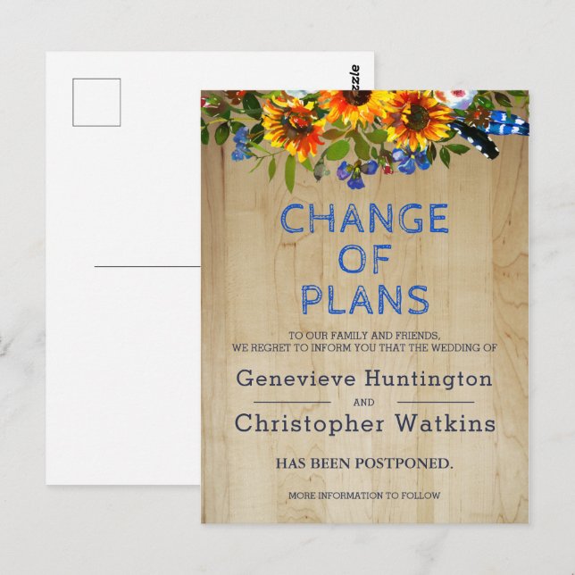 Cartão Postal Casamento Rustic Floral Barn Wood Adiou Cancelamen (Frente/Verso)