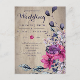 Cartão Postal Casamento Rustic Fuchsia Floral Woodland