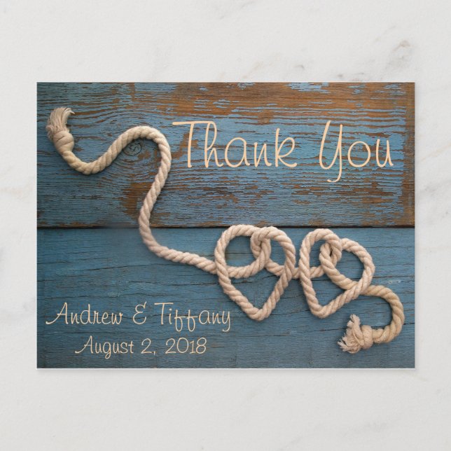 Cartão Postal Casamento Rustic Heart Rope Obrigado (Frente)