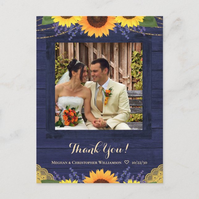 Cartão Postal Casamento Rustic Marinho Wood Sunflower Obrigado F (Frente)