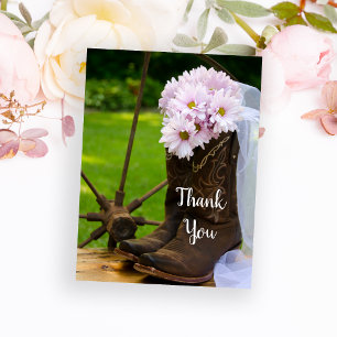 Cartão Postal Casamento Rustic Pink Daisies Cowboy Boots Obrigad