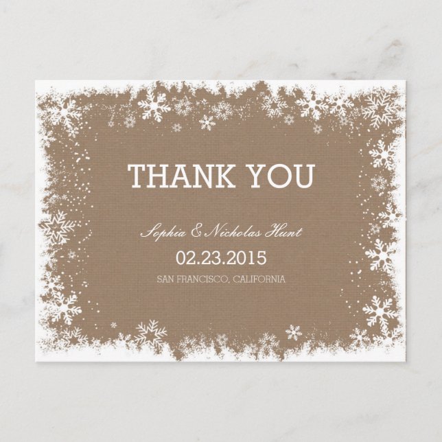 Cartão Postal Casamento Rustic Snowflakes Obrigado Postcards (Frente)