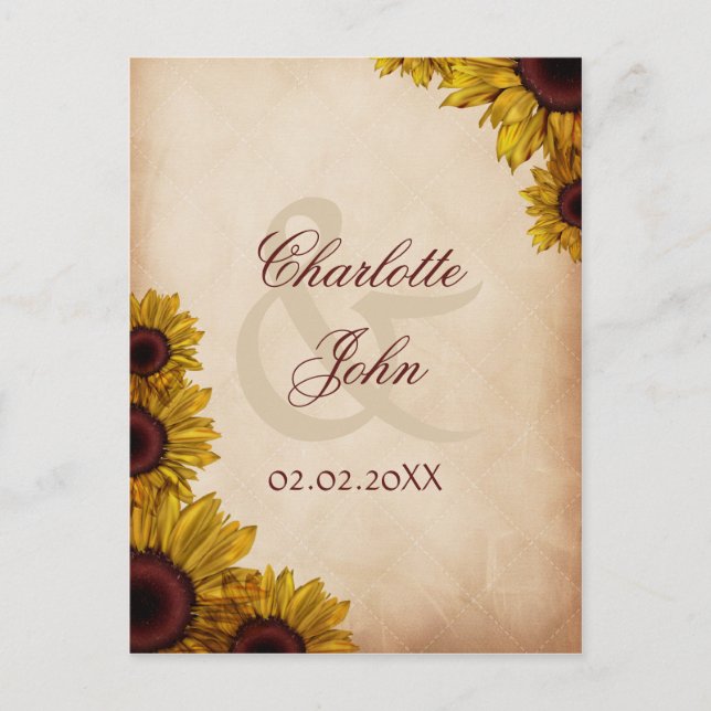 Cartão Postal Casamento Rustic Sunflower (Frente)