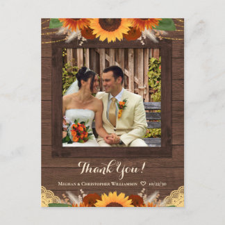 Cartão Postal Casamento Rustic Sunflower Boho Rosa Obrigado Foto