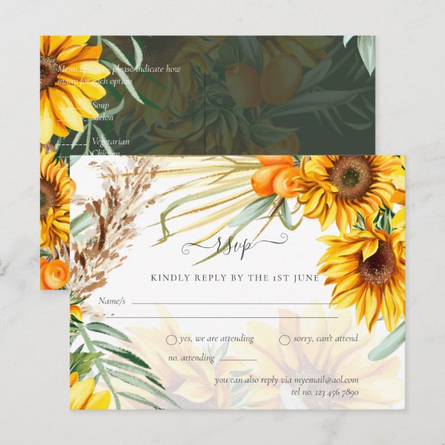 Cartão Postal Casamento Rustic Sunflower Pampas Grass (Frente/Verso)