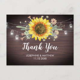 Cartão Postal Casamento Rustic Sunflower Wood Jar Light Obrigado